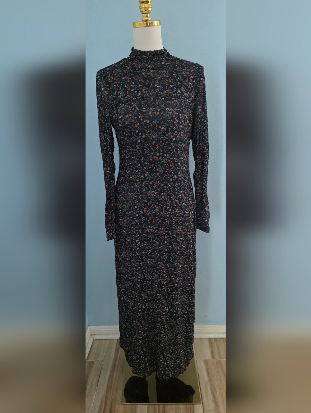 Rosetta Getty Mesh Long Sleeve Floral Maxi Dress